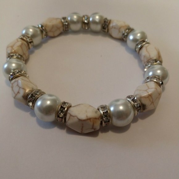 Agate Genuine Gemstone & Pearl Bead Bracelet Sparkling Fashion NWT - Picture 3 of 5